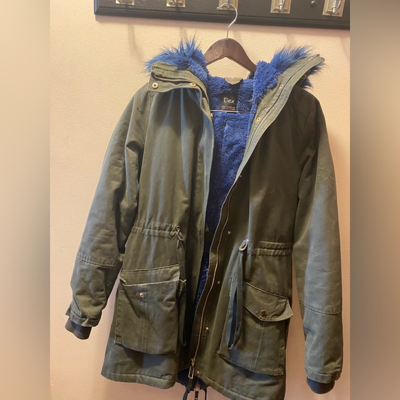 Green canvas jacket blue fur rim - Picture 1 of 2